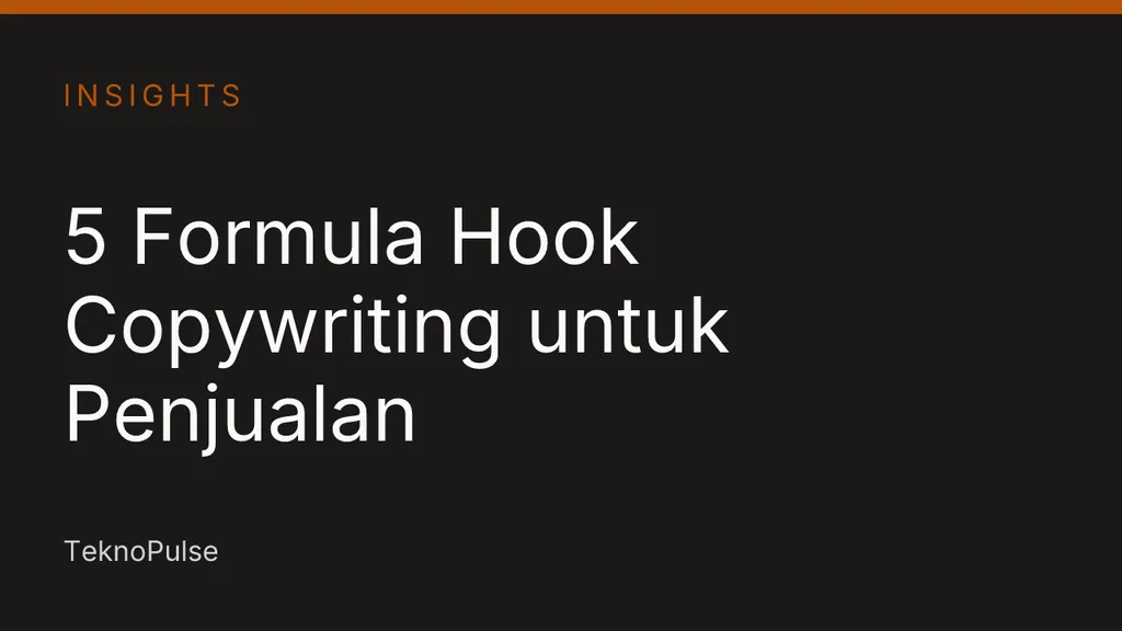 Ilustrasi tipografi hook copywriting dengan pena di atas kertas, bergaya kartu editorial TeknoPulse