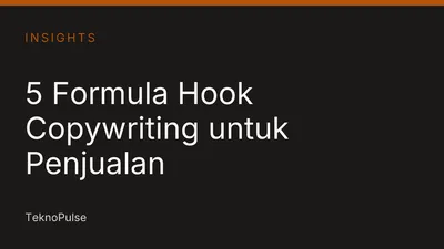 Ilustrasi tipografi hook copywriting dengan pena di atas kertas, bergaya kartu editorial TeknoPulse