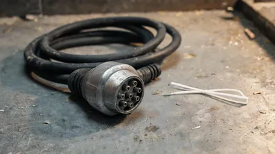 Konektor logam multi-pin dengan gulungan kabel karet tebal di lantai beton bengkel usang, beberapa cable tie putih di dekatnya