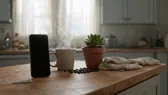 Ponsel tegak di konter dapur kayu yang hangat, ditemani mug kopi beruap, tanaman kecil, dan kain terlipat