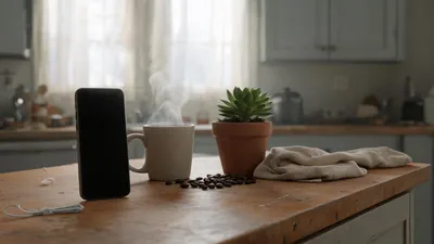 Ponsel tegak di konter dapur kayu yang hangat, ditemani mug kopi beruap, tanaman kecil, dan kain terlipat