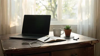 Meja kayu usang di samping jendela dengan laptop berslayar gelap, buku catatan terbuka, pena, dan mug kopi
