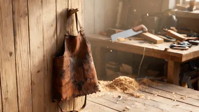 Celemek kerja kulit usang tergantung di pasak kayu dinding bengkel, bangku kerja berisi serutan kayu dan perkakas di belakangnya