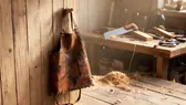 Celemek kerja kulit usang tergantung di pasak kayu dinding bengkel, bangku kerja berisi serutan kayu dan perkakas di belakangnya